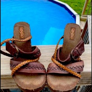 Sandals, slightly worn. Brown with wedge heel.